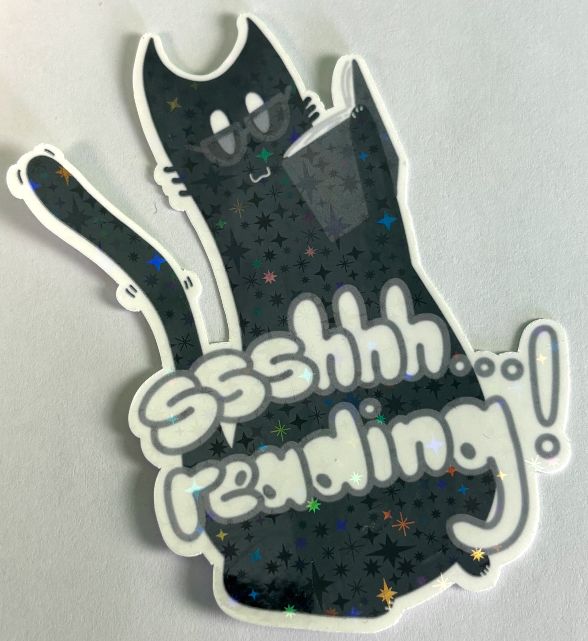 Reading Cat Large Iridescent Vinyl Sticker image 0