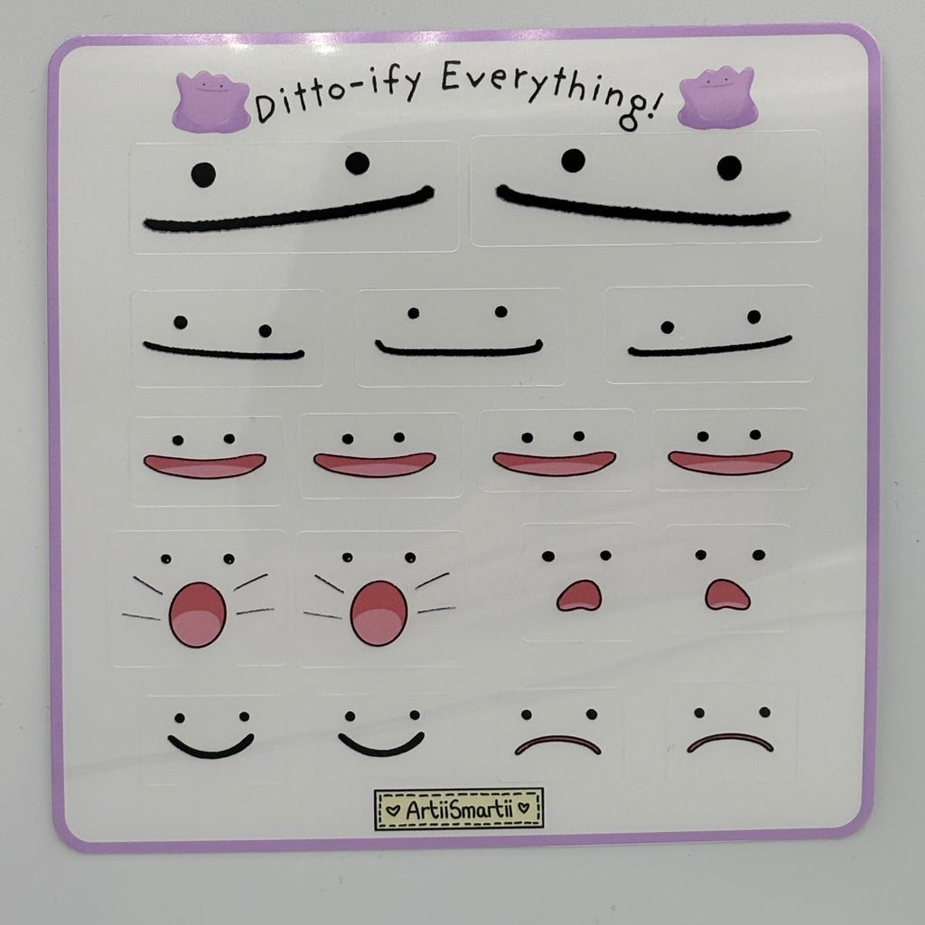A sticker sheet of a collection of different ditto pokemon expressions. Transparent stickers. Hand drawn. No A.I.