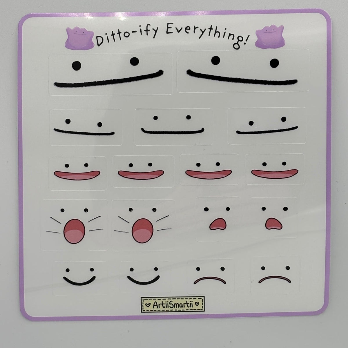 A sticker sheet of a collection of different ditto pokemon expressions. Transparent stickers. Hand drawn. No A.I.