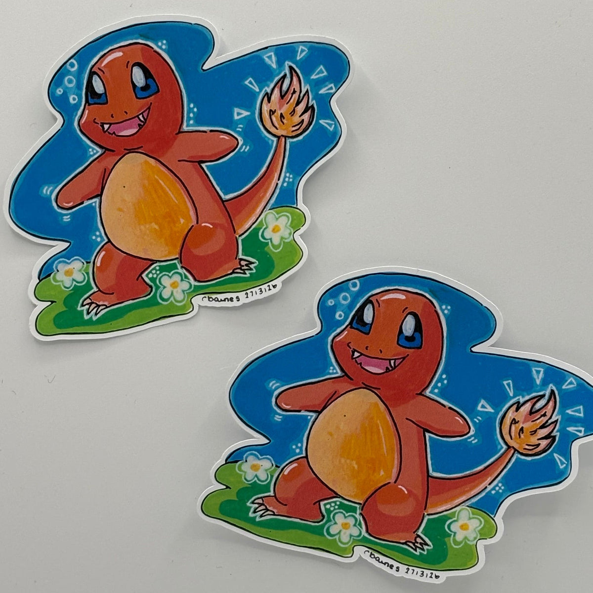 Matte and Gloss Charmander die cut stickers, hand painted, hand made
NO A.I