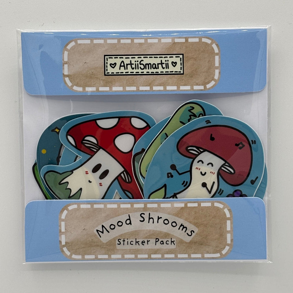 Pack of 10 individual sticker cartoon mushrooms with different moods. Packed in hand made packaging. Handdrawn designs. No A.I.