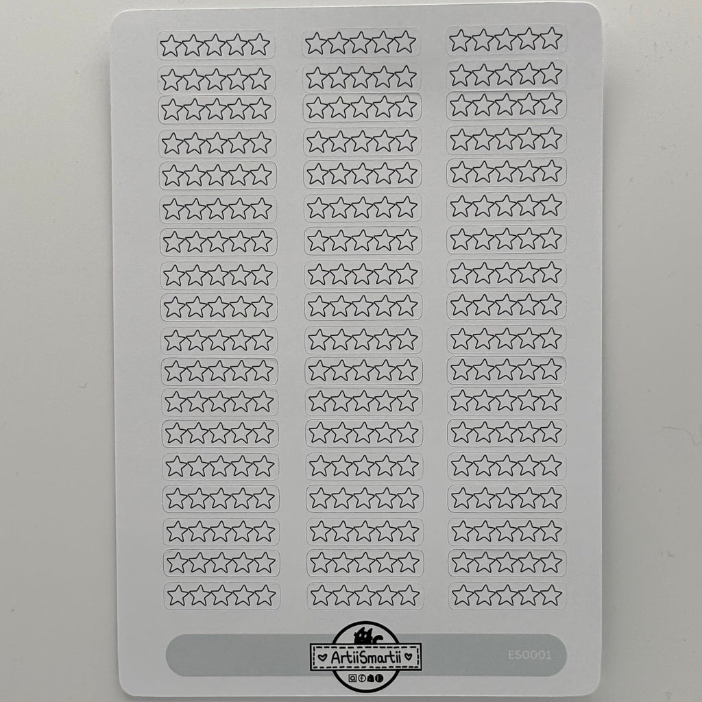A sheet of white planner stickers featuring rows of small outlined star icons in three columns, with a gray horizontal bar and a circular logo at the bottom.